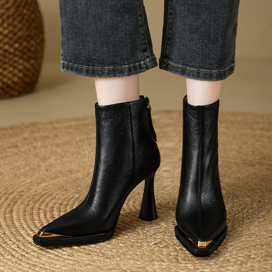 Ankle Boots for Women Featuring a Vintage British Design, Material, High Platform, And Thick Metal Pointed Heels.