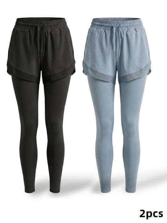 2pcs Faux 2pcs Athletic Pants Color-block Design with Built-in Pockets