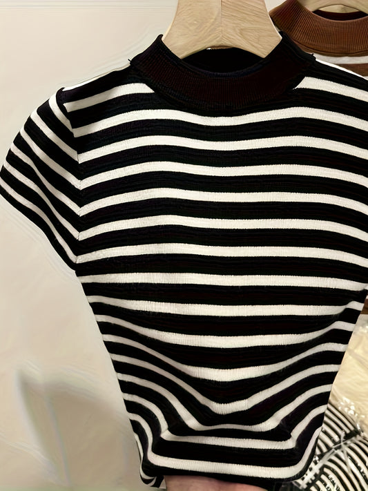 Semi-High Neck Striped Short-Sleeved T-Shirt