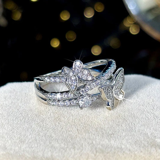 925 sterling silver butterfly ring with sparkling crystals on elegant split band by MyClosetAid