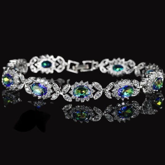 Mystical Rainbow Cubic Zirconia Crystal Flower Silver Plated Bracelet