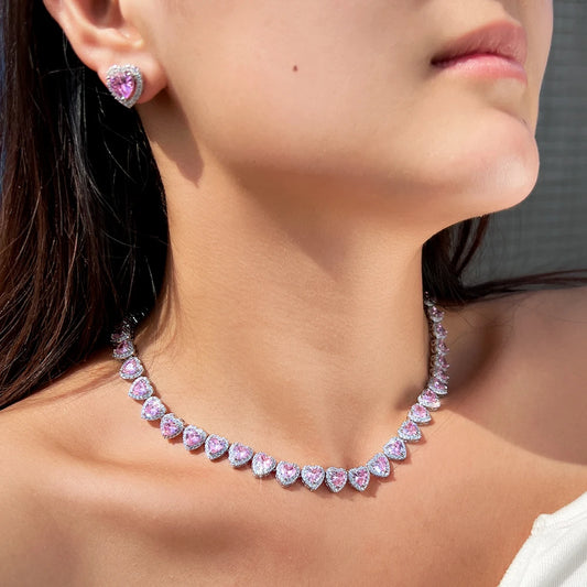 Pink Cubic Zirconia Big Heart Shape Necklace Earrings Set