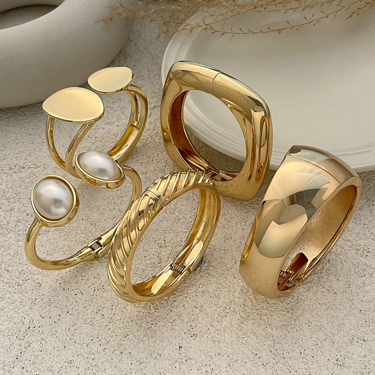 6 Styles Geometric Gold Color Cuff Spring Bangles Wide Hand Bracelets