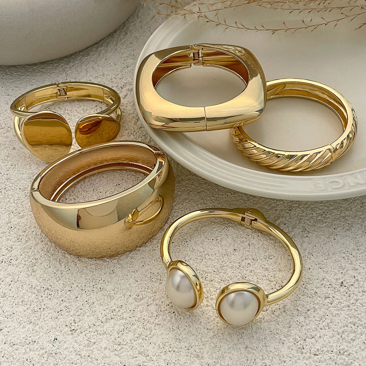 6 Styles Geometric Gold Color Cuff Spring Bangles Wide Hand Bracelets