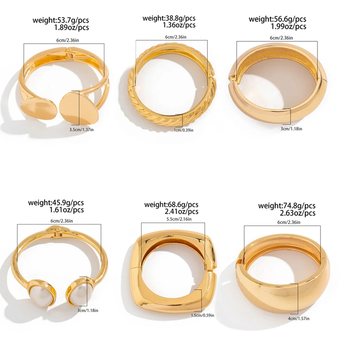 6 Styles Geometric Gold Color Cuff Spring Bangles Wide Hand Bracelets