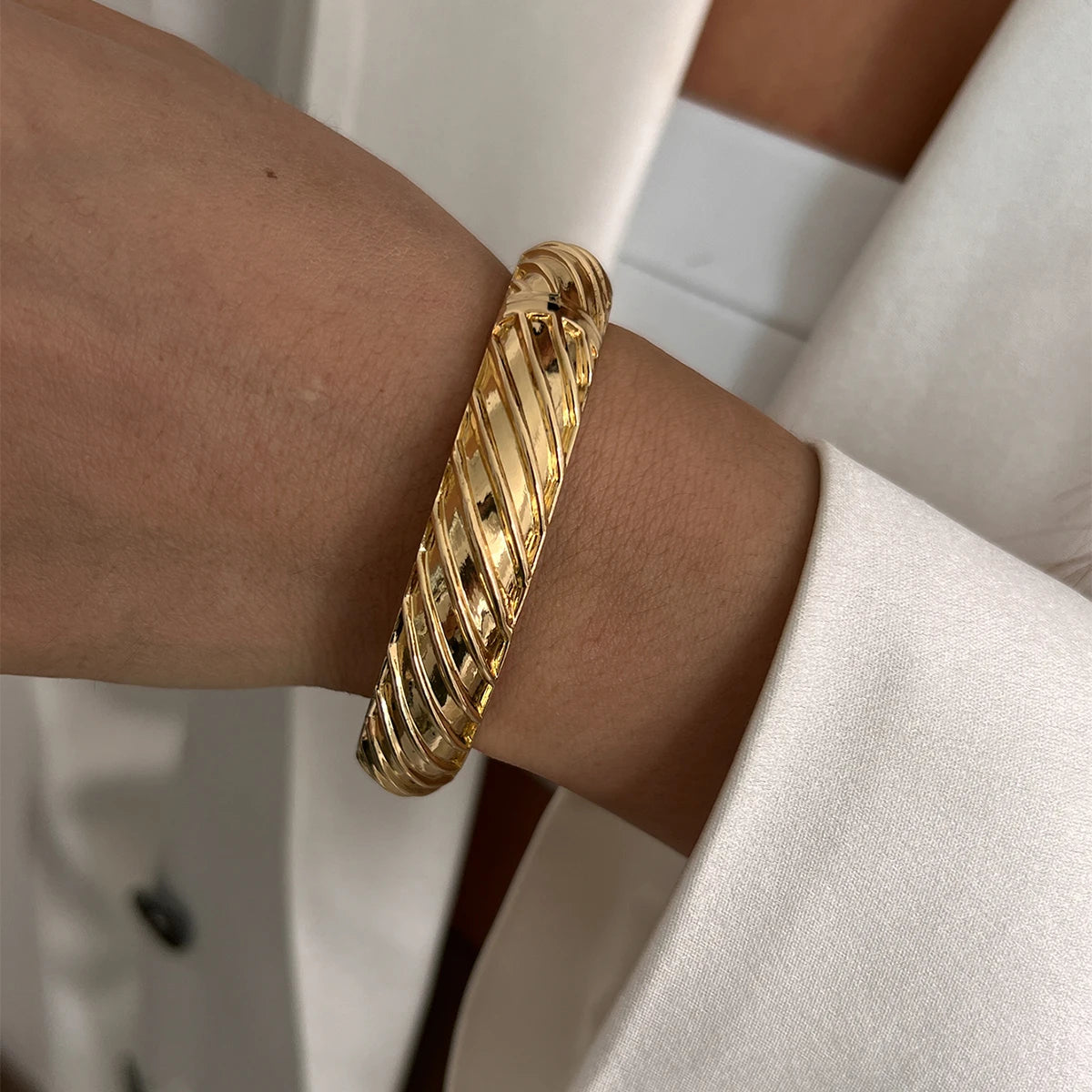6 Styles Geometric Gold Color Cuff Spring Bangles Wide Hand Bracelets