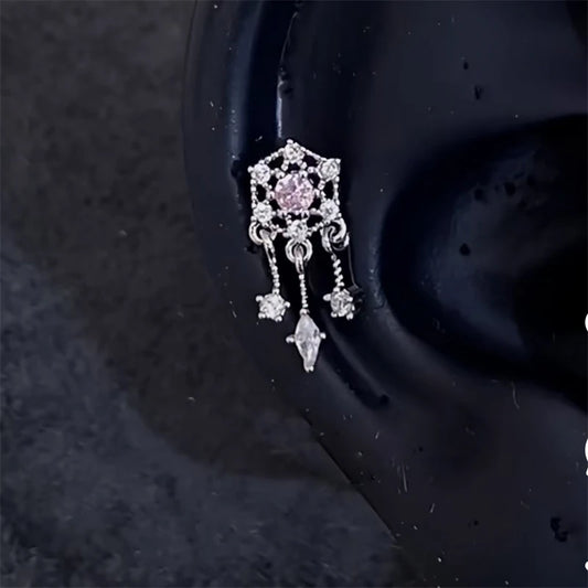 1 PCS Pink Bowknot Shiny Ear Bone Nail 316L Stainless Steel Korean Style Zircon Crystal Earring Women Y2K Cute Cochlea Jewelry