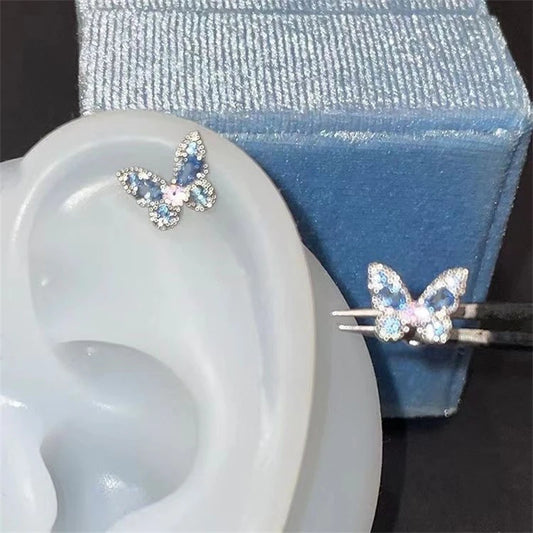 1PCS Delicate Blue Pink Zircon Butterfly 316L Stainless Steel Ear bone nail Y2K Hottie Cute Earring for Women Cochlea Accessorie