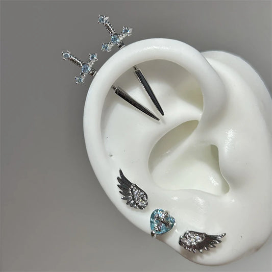 New Fashion Love Wings Cross Stainless Steel Ear Bone Nail Shiny Zircon Trendy Thread Earring for Women Body Piercing Accessorie