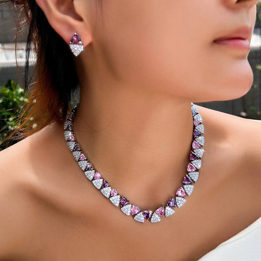 Pink Purple Triangle CZ Crystal Necklace Earring Set