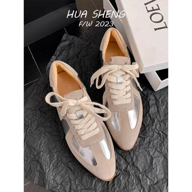Retro Color Sneakers for Women- /Metallic Accent Lace-Up Pointed Toe Flat Shoes