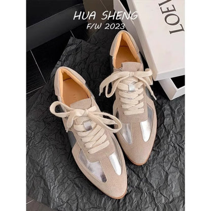 Retro Color Sneakers for Women- /Metallic Accent Lace-Up Pointed Toe Flat Shoes