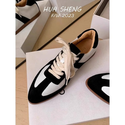 Retro Color Sneakers for Women- /Metallic Accent Lace-Up Pointed Toe Flat Shoes
