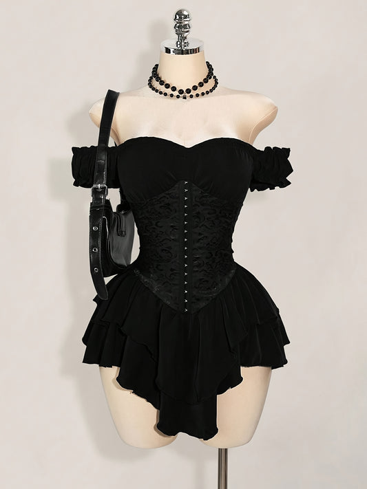 One-Shoulder Dress with a Fitted Waist And Back Tie, Features Puff Sleeves And a Stylish, Elegant Cake Skirt