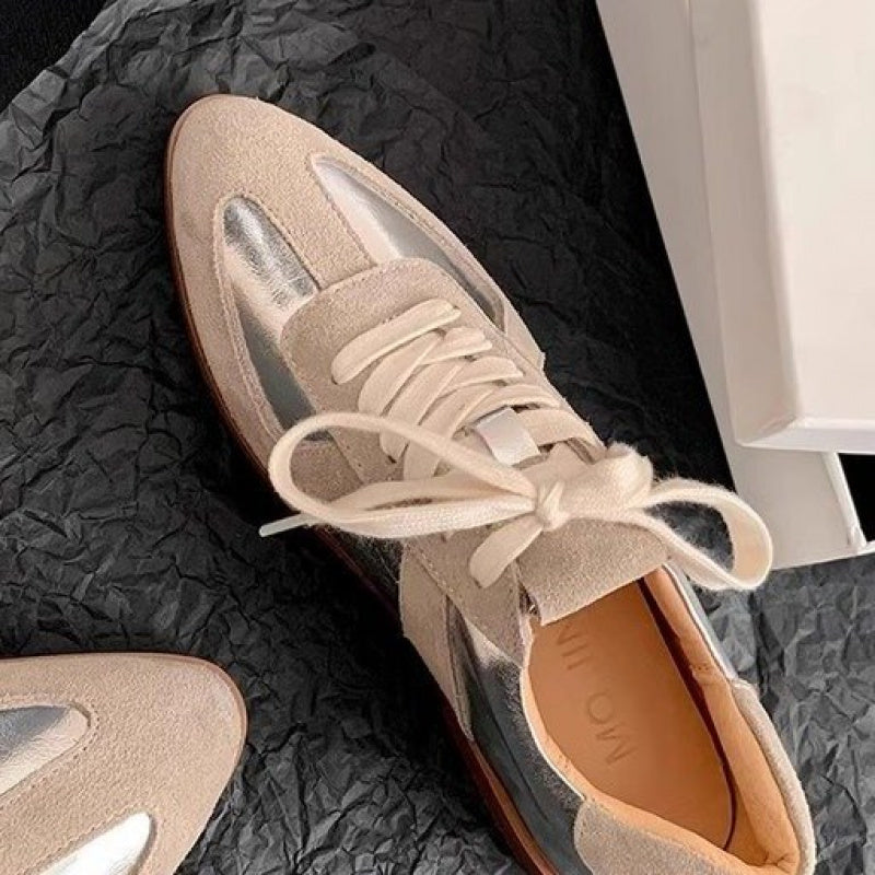 Retro Color Sneakers for Women- /Metallic Accent Lace-Up Pointed Toe Flat Shoes