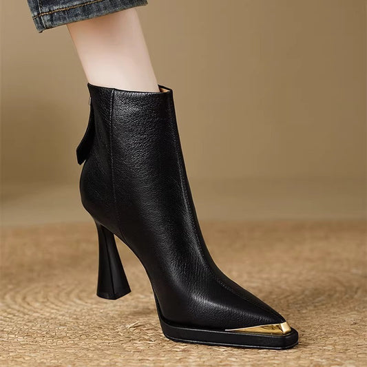 Ankle Boots for Women Featuring a Vintage British Design, Material, High Platform, And Thick Metal Pointed Heels.
