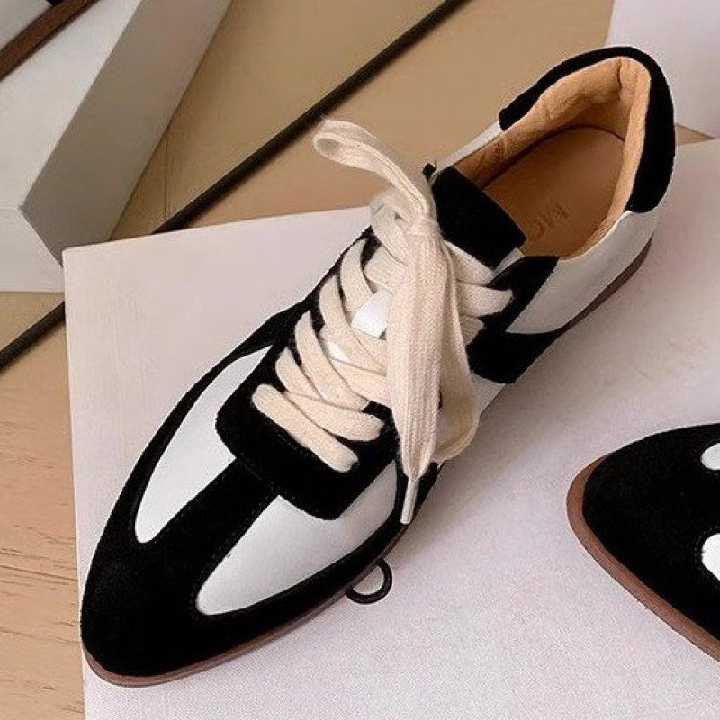 Retro Color Sneakers for Women- /Metallic Accent Lace-Up Pointed Toe Flat Shoes