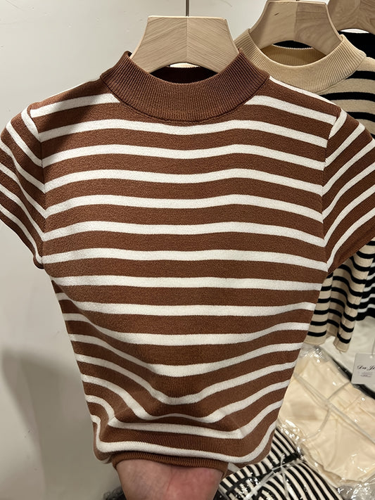 Semi-High Neck Striped Short-Sleeved T-Shirt