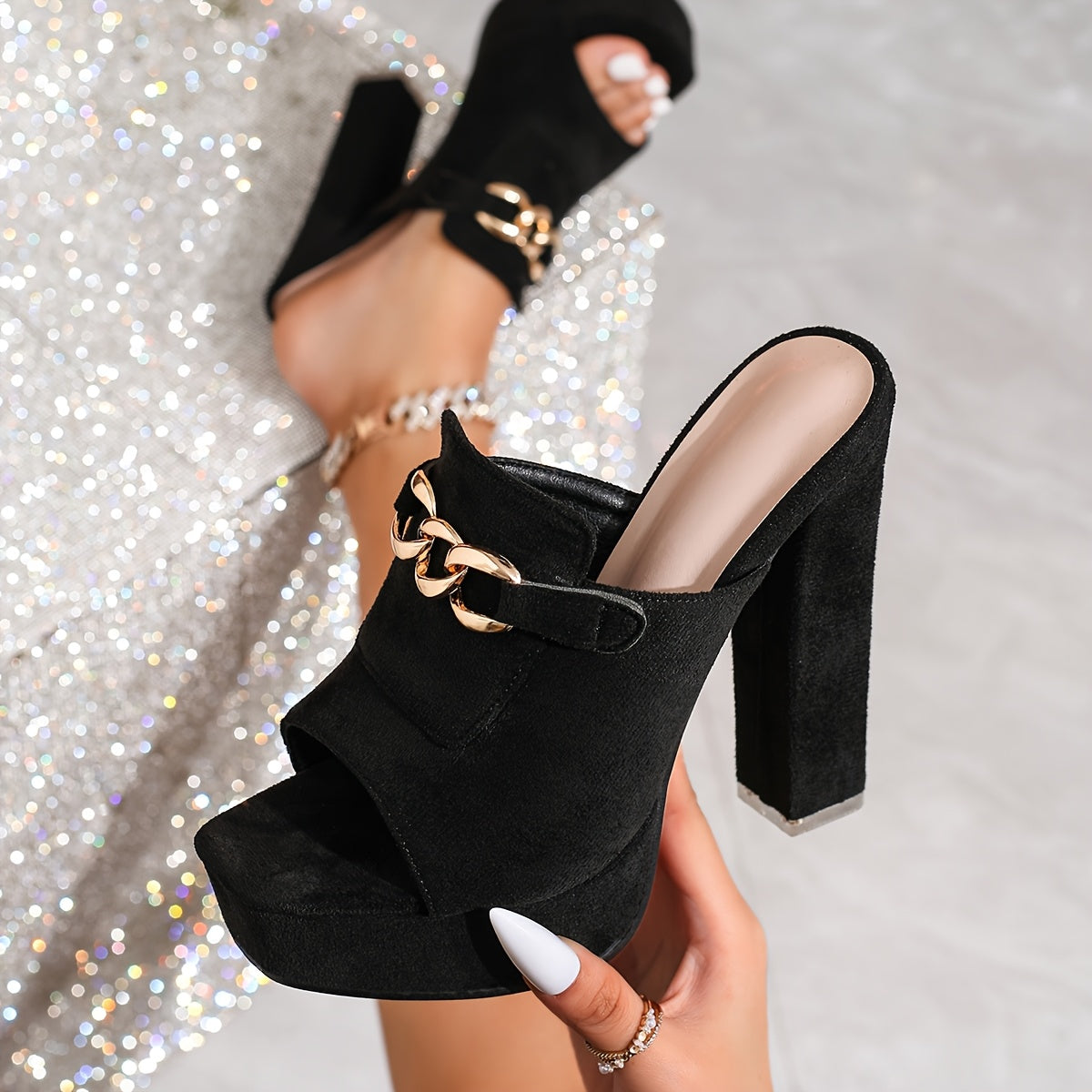 High-Heeled Sandals, Featuring Eye-Catching Golden Chain Buckles.