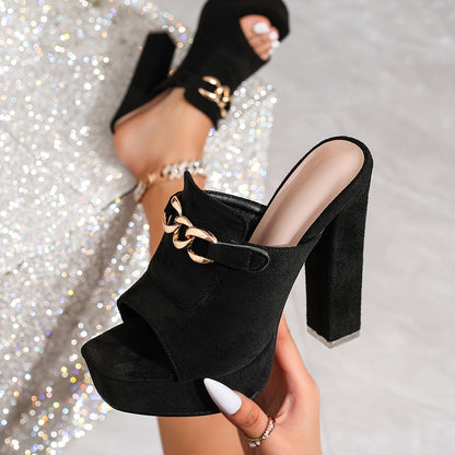 High-Heeled Sandals, Featuring Eye-Catching Golden Chain Buckles.