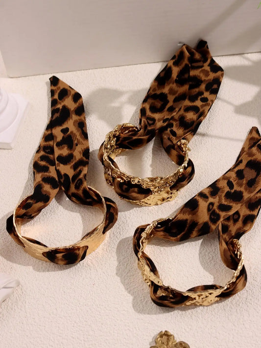 Leopard Print Ribbon-Wrapped Metal Bracelet