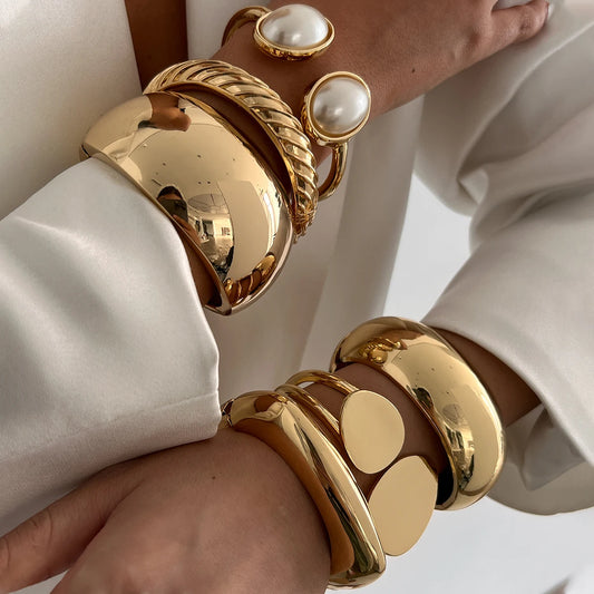 6 Styles Geometric Gold Color Cuff Spring Bangles Wide Hand Bracelets