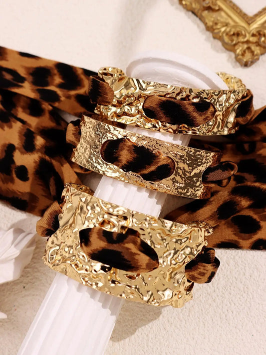 Leopard Print Ribbon-Wrapped Metal Bracelet