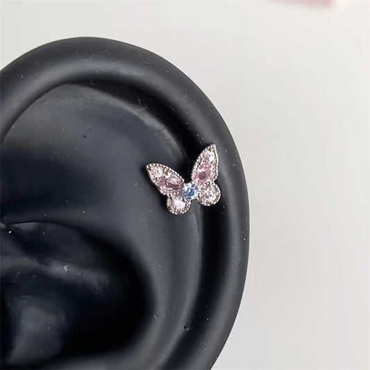 1 PCS Pink Bowknot Shiny Ear Bone Nail 316L Stainless Steel Korean Style Zircon Crystal Earring Women Y2K Cute Cochlea Jewelry