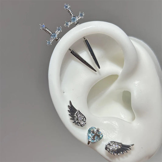 New Fashion Love Wings Cross Stainless Steel Ear Bone Nail Shiny Zircon Trendy Thread Earring for Women Body Piercing Accessorie