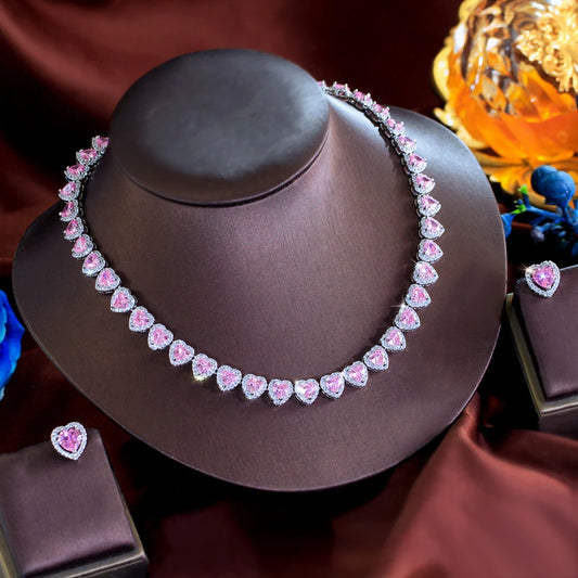 Pink Cubic Zirconia Big Heart Shape Necklace Earrings Set