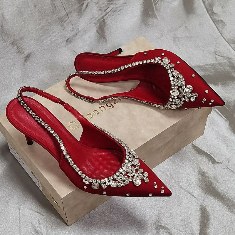 Luxury Rhinestone Diamonds High Heels Women Satin Pointy Toe Pumps