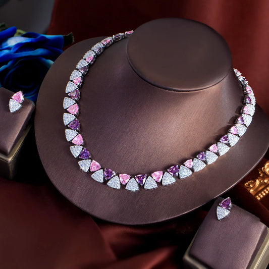 Pink Purple Triangle CZ Crystal Necklace Earring Set
