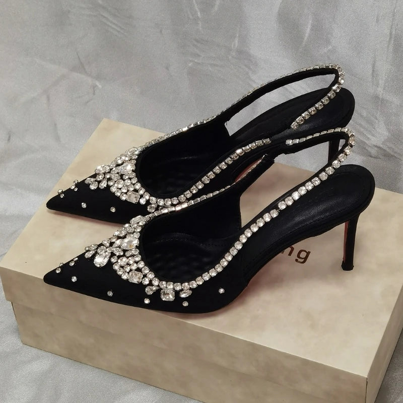 Luxury Rhinestone Diamonds High Heels Women Satin Pointy Toe Pumps