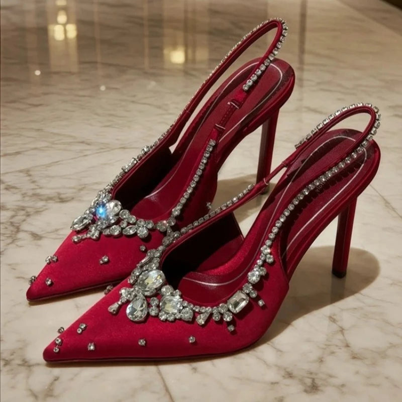 Luxury Rhinestone Diamonds High Heels Women Satin Pointy Toe Pumps