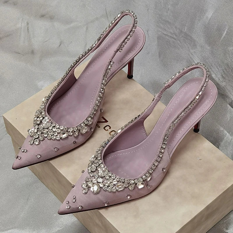 Luxury Rhinestone Diamonds High Heels Women Satin Pointy Toe Pumps