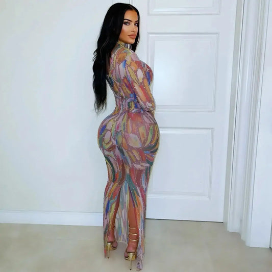 Long Sleeve Water-Media Net Diamond-Heated Party Gown