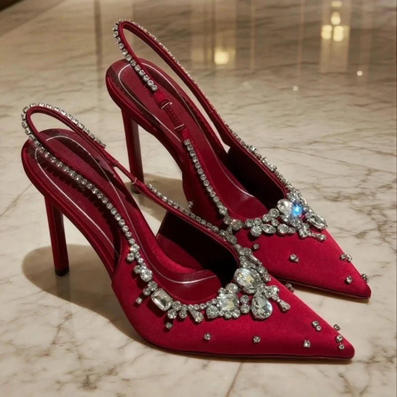 Luxury Rhinestone Diamonds High Heels Women Satin Pointy Toe Pumps