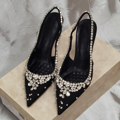 Luxury Rhinestone Diamonds High Heels Women Satin Pointy Toe Pumps