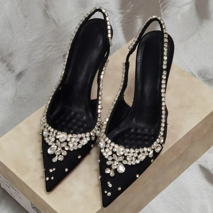 Luxury Rhinestone Diamonds High Heels Women Satin Pointy Toe Pumps
