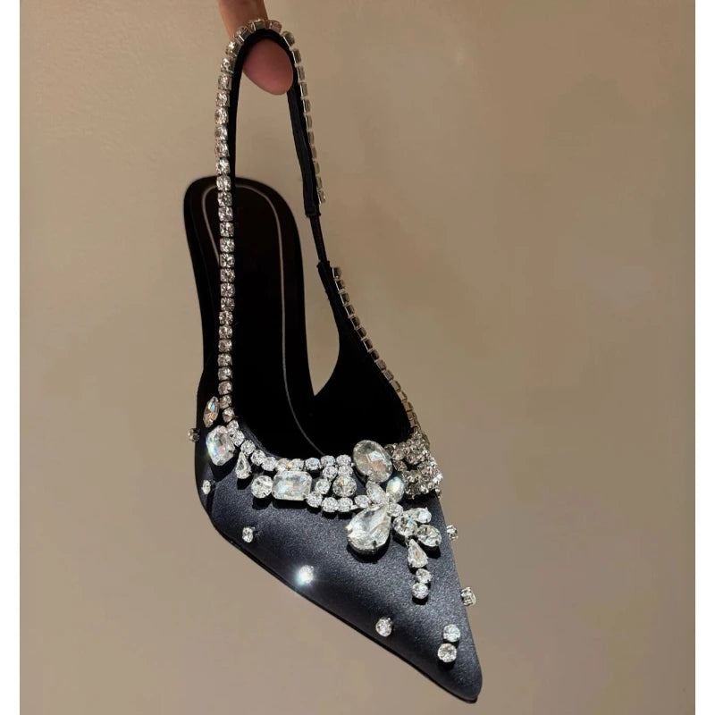 Luxury Rhinestone Diamonds High Heels Women Satin Pointy Toe Pumps