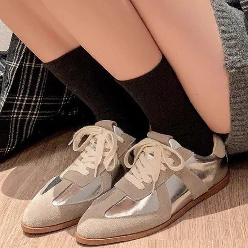 Retro Color Sneakers for Women- /Metallic Accent Lace-Up Pointed Toe Flat Shoes