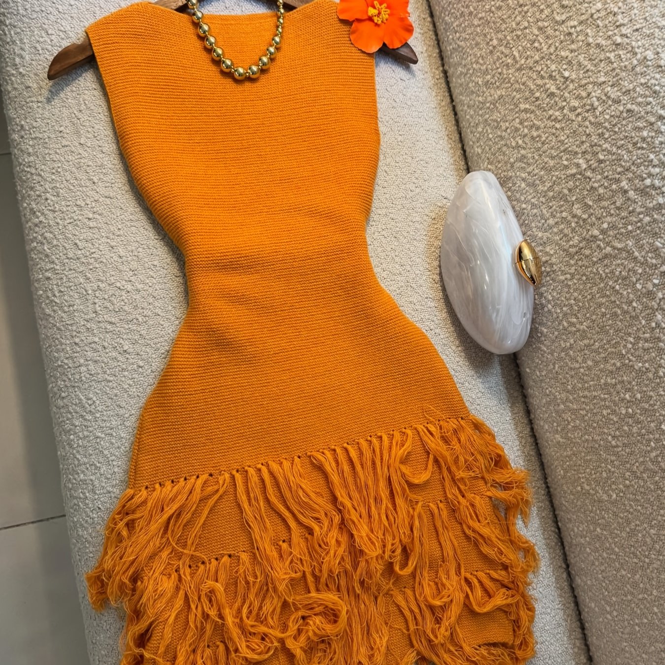 Women's Sleeveless Dress, Plain Without Floral Patterns with Fluffy Fringe Hem Adding a Playful Effortless Touch.