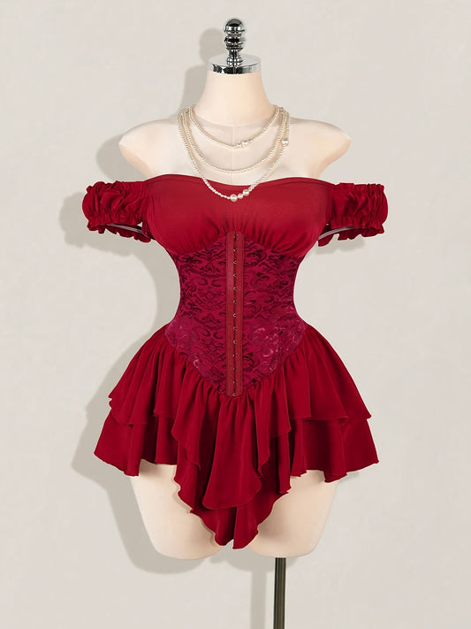 One-Shoulder Dress with a Fitted Waist And Back Tie, Features Puff Sleeves And a Stylish, Elegant Cake Skirt