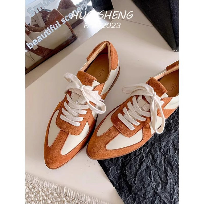 Retro Color Sneakers for Women- /Metallic Accent Lace-Up Pointed Toe Flat Shoes