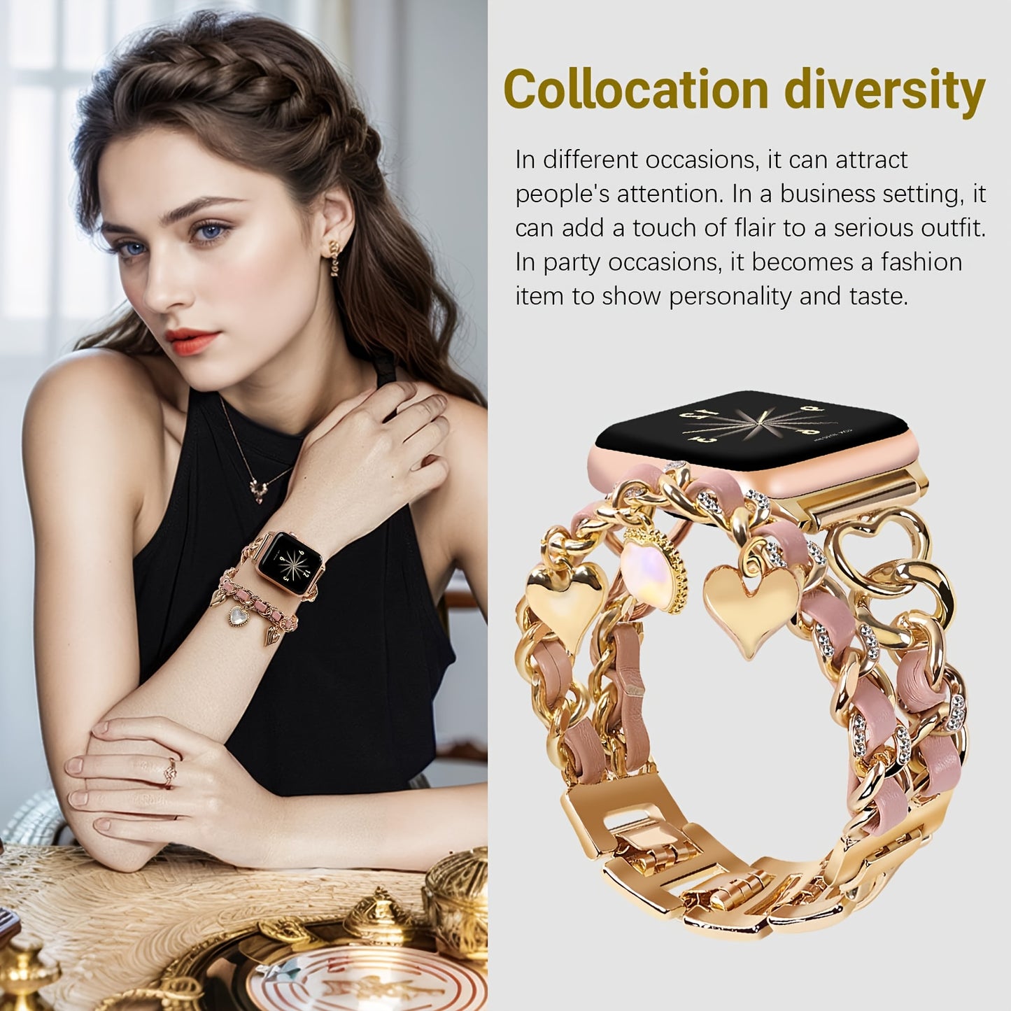 Stylish Heart-Themed Metal Strap Bracelet with a Cowboy Chain Design for The for iwatch Ultra 2, Compatible with for apple Watch Series 10/9/8/7/6/5/4/3/SE, Suitable for Women in Sizes 38/40/41/42/44/45/46/49Mm