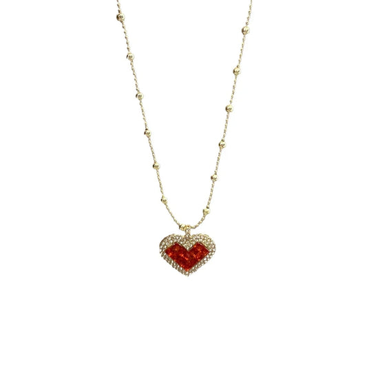 MyClosetAid tiffany's necklace heart with red gemstone pendant and gold beaded chain
